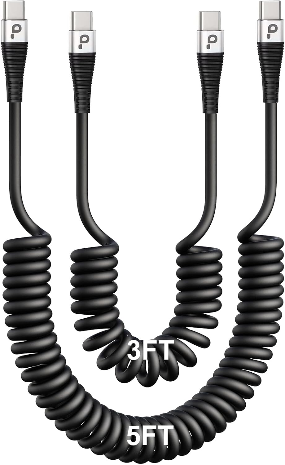 Coiled USBC to USBC Cables for Car 3FT/5FT, USB C to USB C Fast Charging Cables Short Type C Cord for iPhone 17/16/15/Pro/Plus/Pro Max/Samsung Galaxy S23, Compatible All Type C Devices-Silver 2Pack