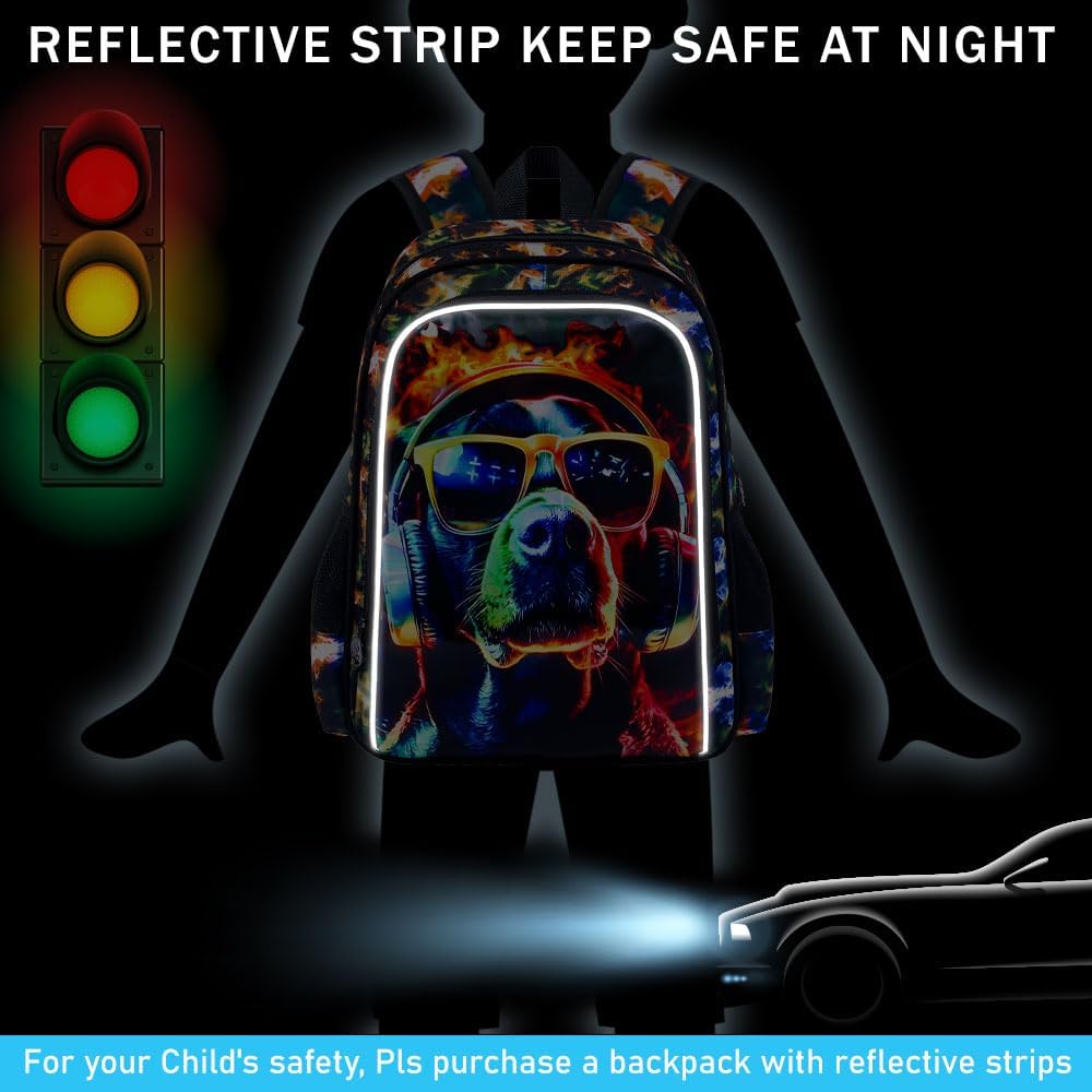 3PCS Boys Dog Bookbag, Water Resistant Kids Backpack with Lunch Box, 17" School Bag Set for Teenagers Middle Elementary - Sunglasses Dog