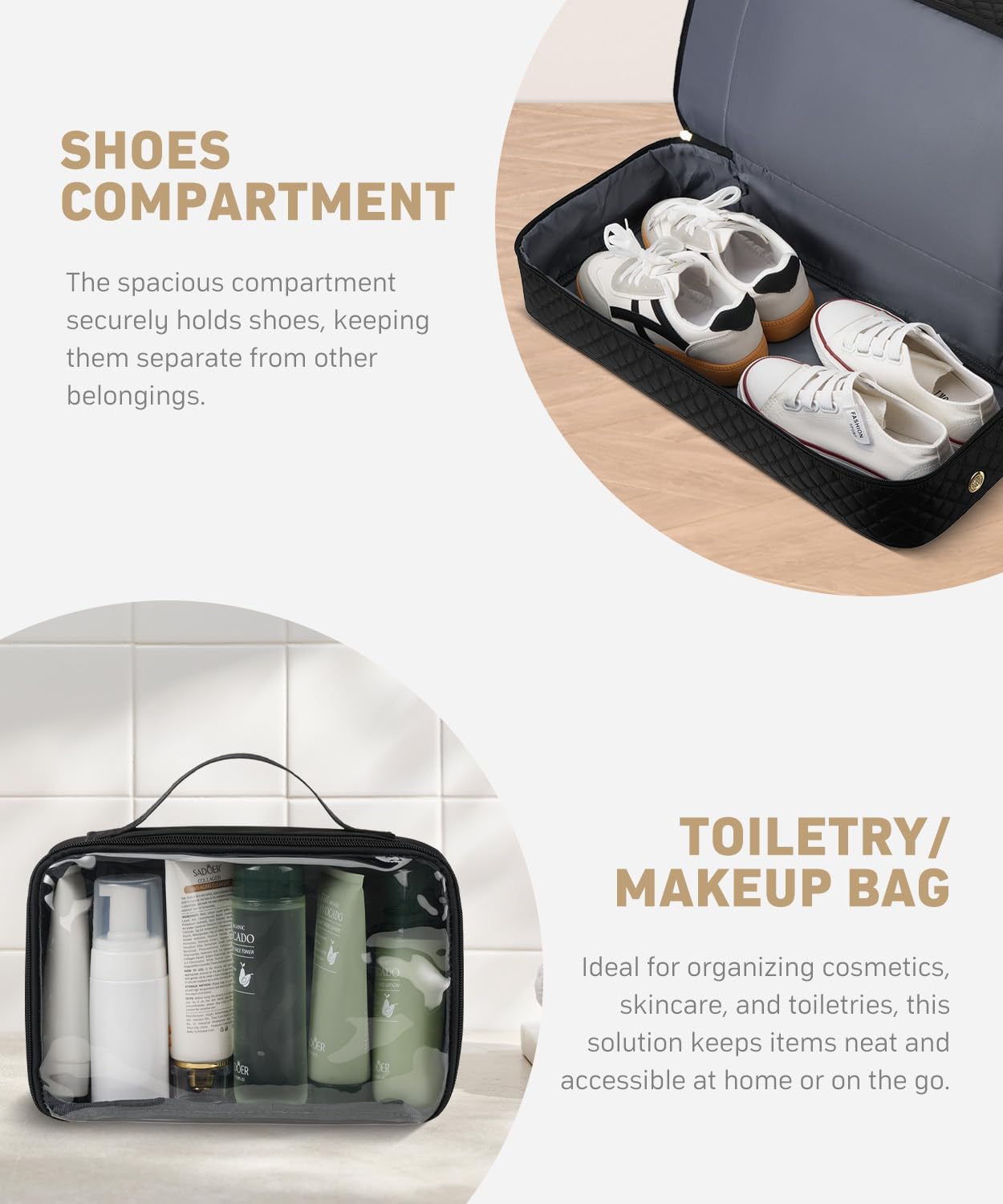 Duffle Bag for Travel, Weekender Bag with Shoe Compartment, Carry On Overnight Bag for Women with Toiletry Bag Duffel Bags with Wet Pocket for Gym Hospital Bags for Labor and Delivery Black