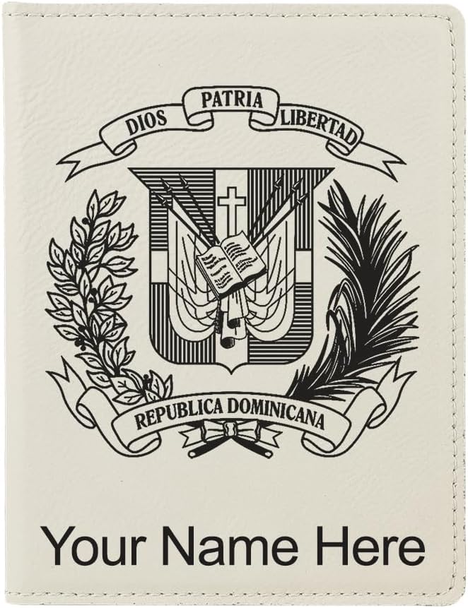 LaserGram Faux Leather Passport Holder, Coat of Arms Dominican Republic, Personalized Engraving Included (White)