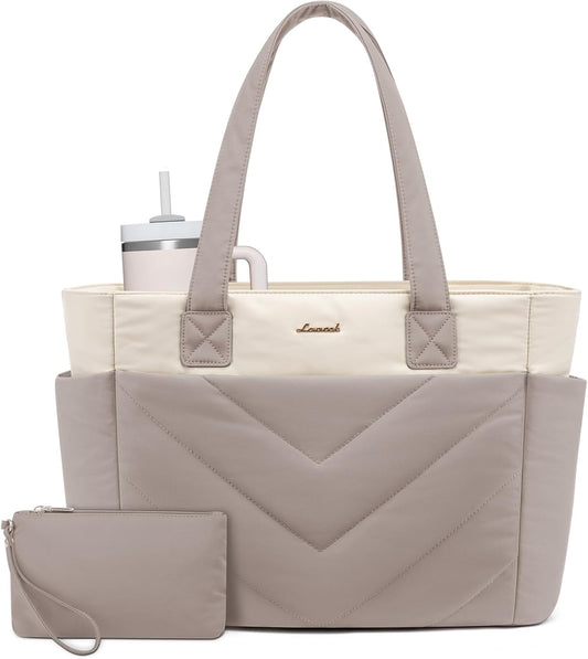 LOVEVOOK Tote Bag for Women, Puffer Work Travel Handbag with Zipper for Teacher Nurse, Quilted Cute Laptop Shoulder Gym Bag