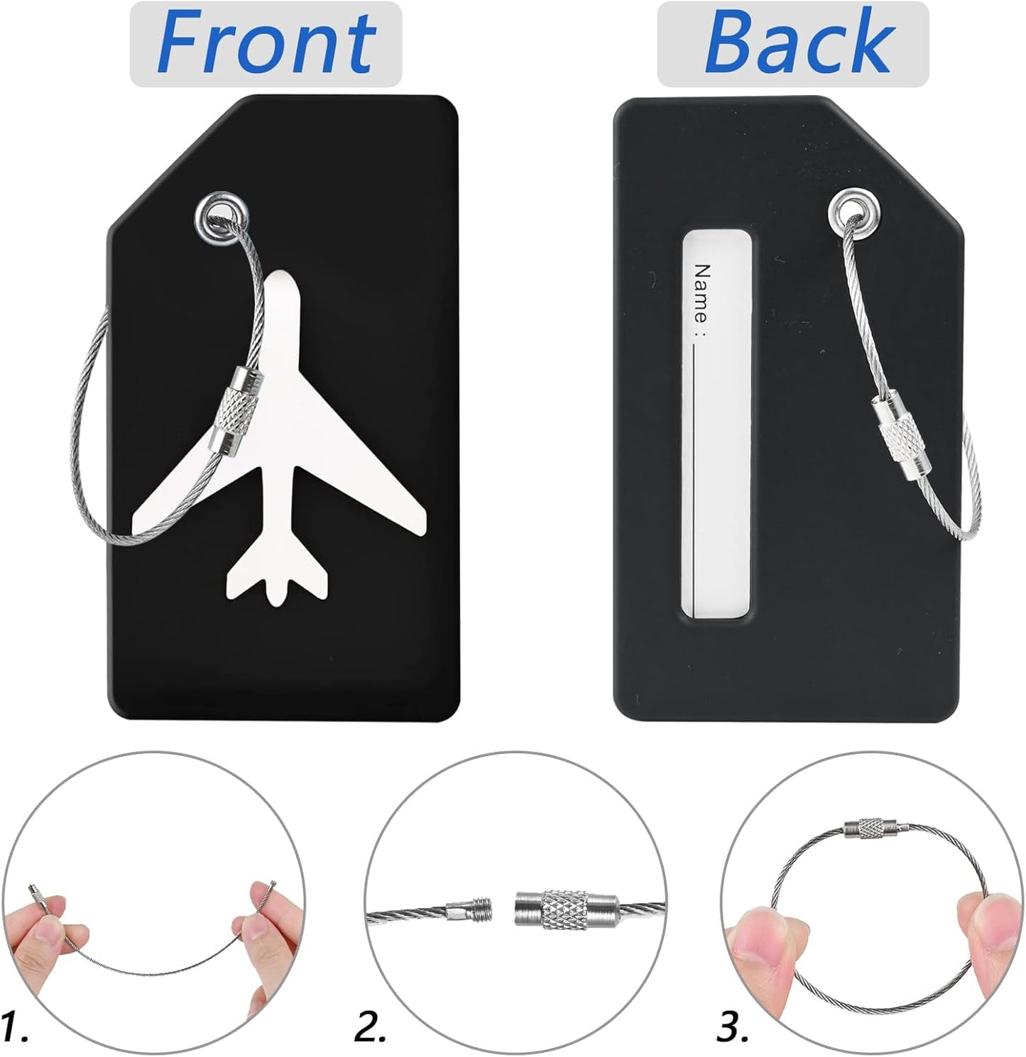 2 Luggage Tags, (1" Smaller Than Traditional) Perfect for Quick Luggage Identification with Stainless Steel Ring and Address Card for Travel and Luggage (Black)
