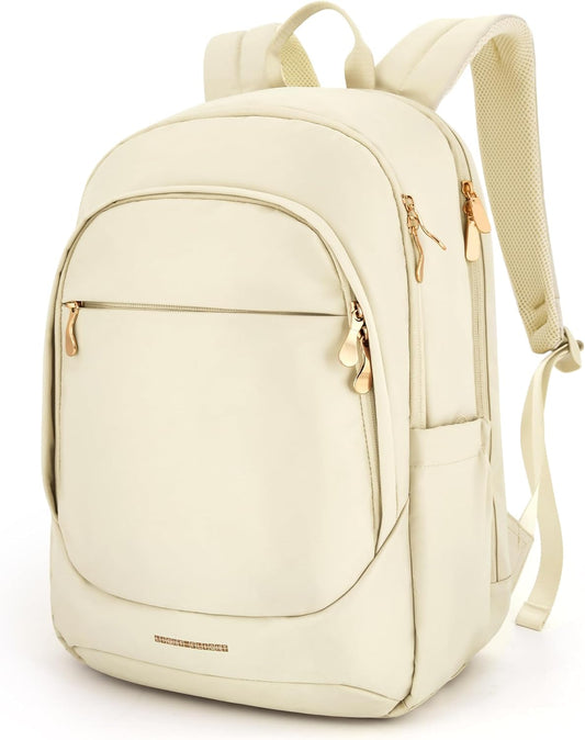 LIGHT FLIGHT Travel Laptop Backpack for Women, 15.6 Inch Backpack with USB Charging Hole, Water Resistant College Bookbag, Large Capacity Black Computer Backpacks for Work, Warm Beige