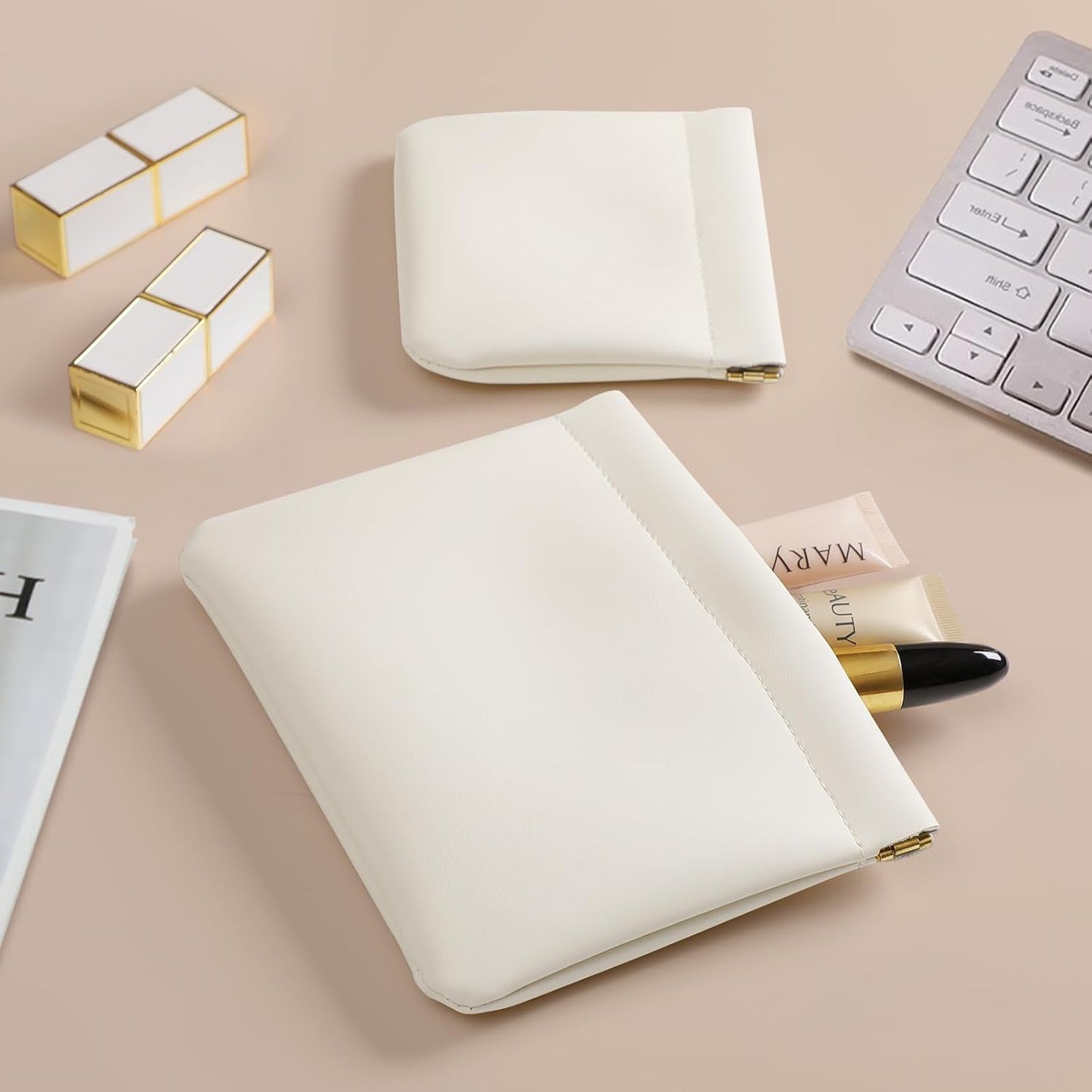 2 Pack Small Makeup Bag for Women, New Organosilicon Super Fiber Leather Mini Cosmetic Bag for Travel, Coin Purse Organizer Storage Pouch (Cream-white)
