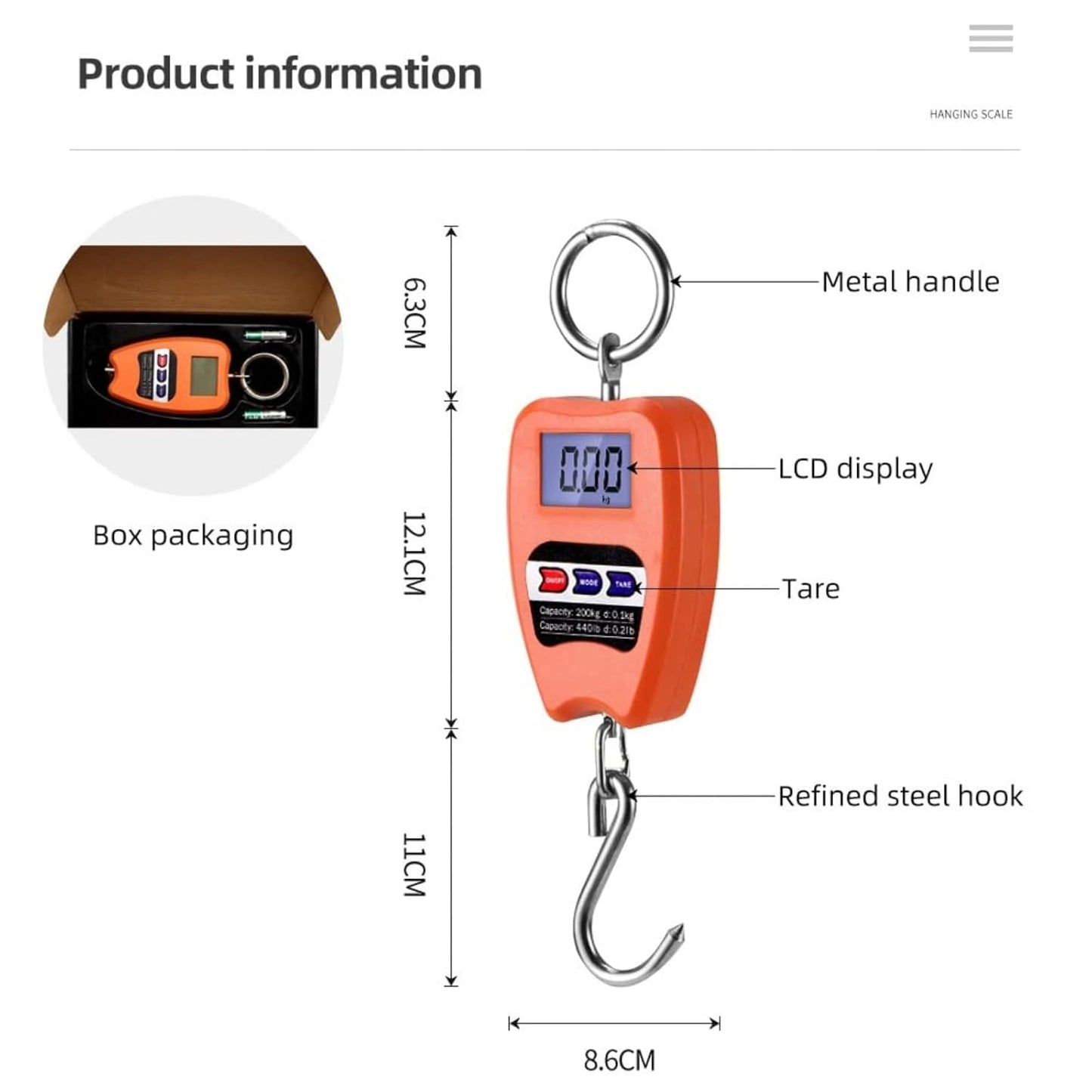 Digital Hanging Weight Scale 200kg/440lbs, Industrial Crane Scales, Fish Weighing Scale, LED Display Scale for Fishing,Hunting, Weigh Luggage, Home Farm (ORANGRE)