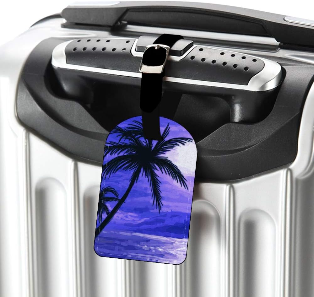 Palm Trees and Sunset Purple-Beach Tropical Ocean Luggage Tags ID Leather Travel Bag Labels Baggage