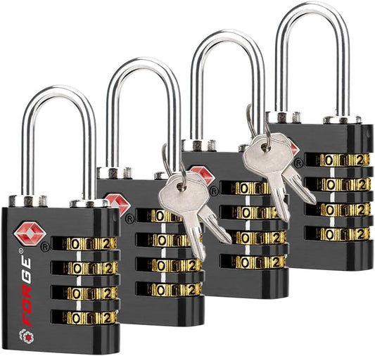Forge Dual-Opening: Key or Combination Access Lock, TSA Approved Locks for Luggage, Pelican case, Travel, Gym, School, Stainless Steel Shackle. (Black, 4 Pk)