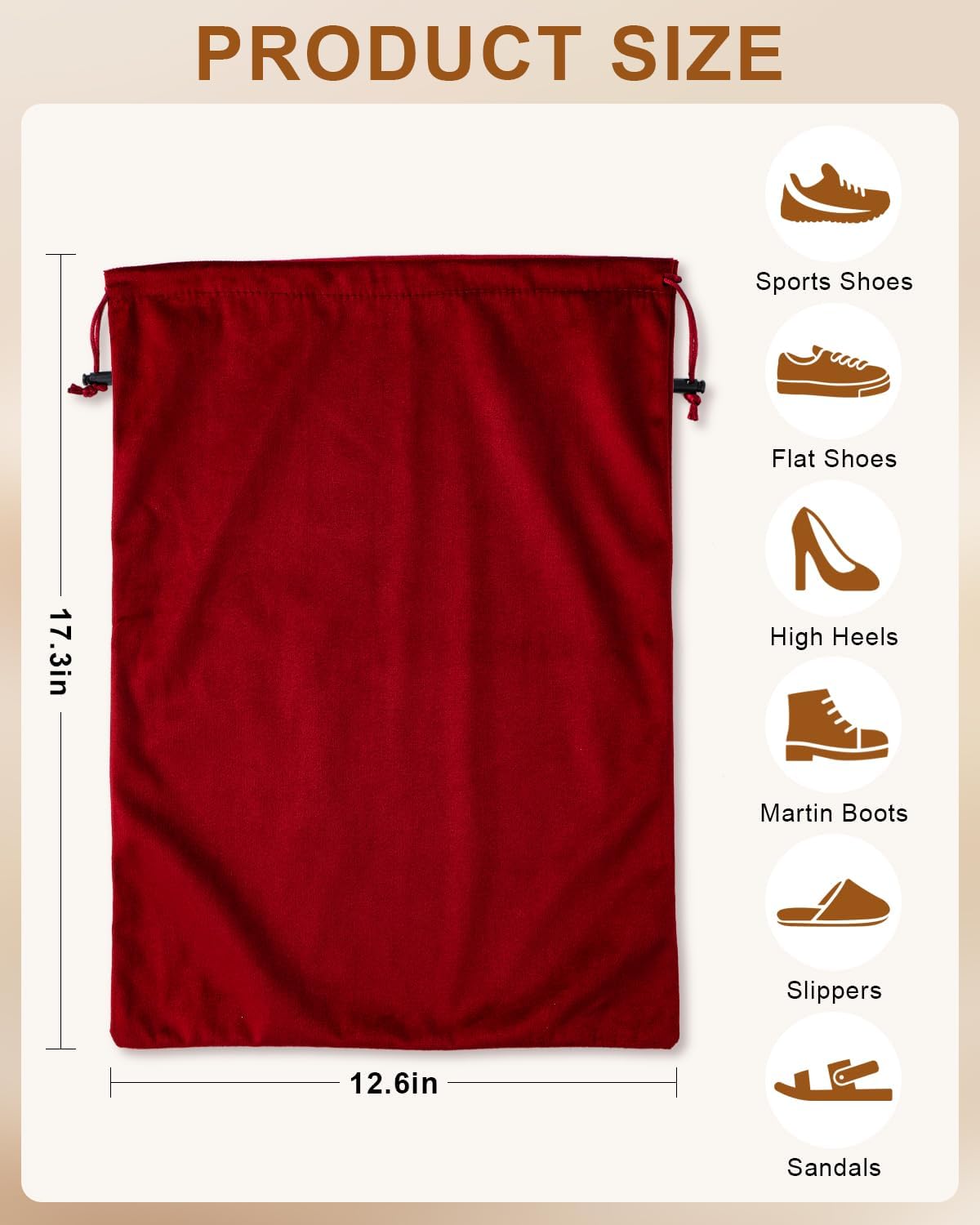 FantasyLife Shoe Bags for Travel, 2 PCS Washable Dust Bags for Storage & Packing, Flannel Shoe Pouch with Drawstring Closure for Purses, Handbags, Shoes & Toys (Rio Red)