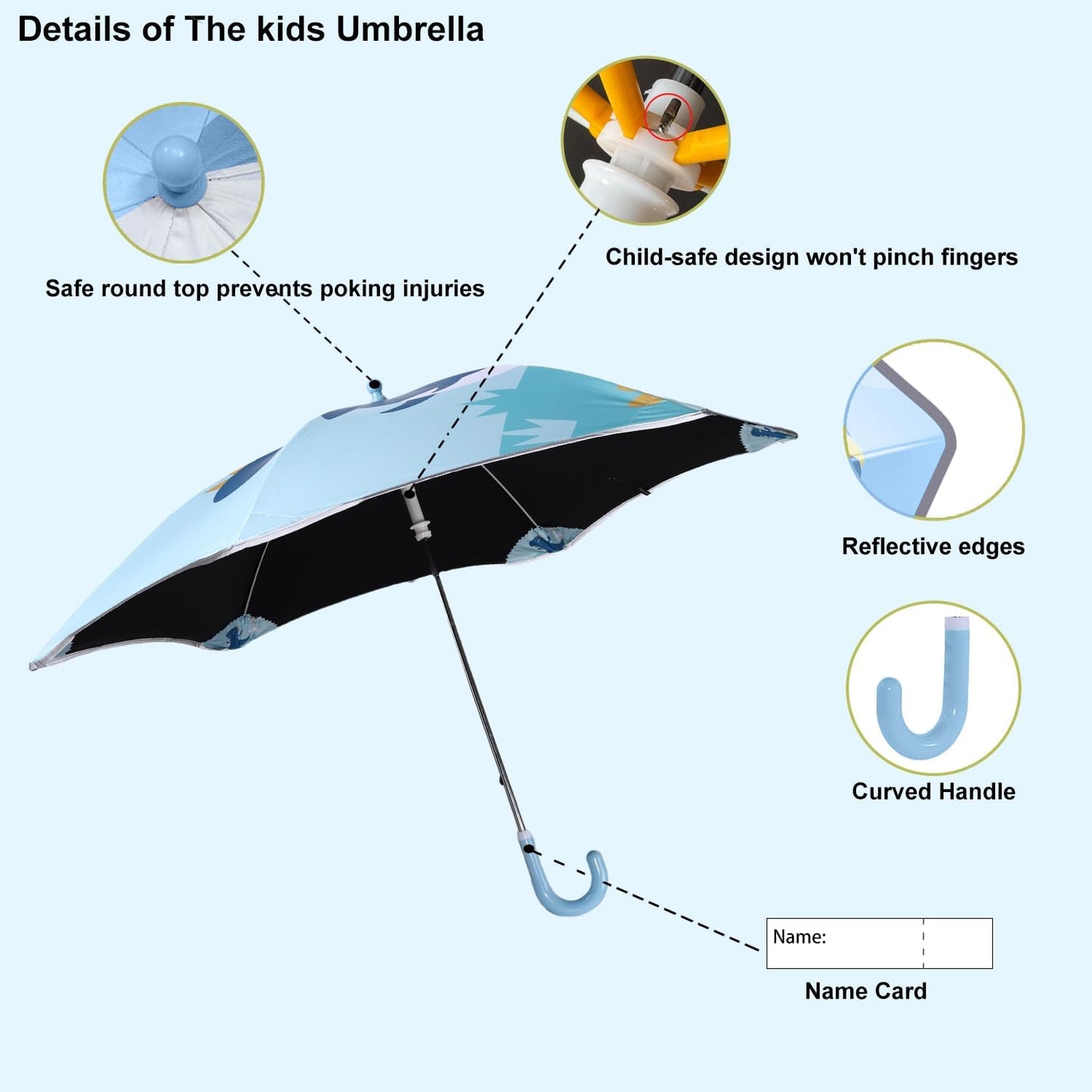 Kids UV and Rain Umbrella Sun Protection With Round Edges for Boys Girls Toddlers Easy Grp Curved Handle Stick Umbrella with Reflective Strip