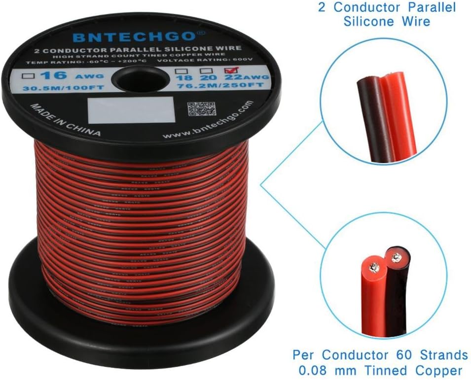 BNTECHGO 22 Gauge Flexible 2 Conductor Parallel Silicone Wire Spool Red Black High Resistant 200 deg C 600V for Single Color LED Strip Extension Cable Cord,Model,250ft Stranded Tinned Copper Wire
