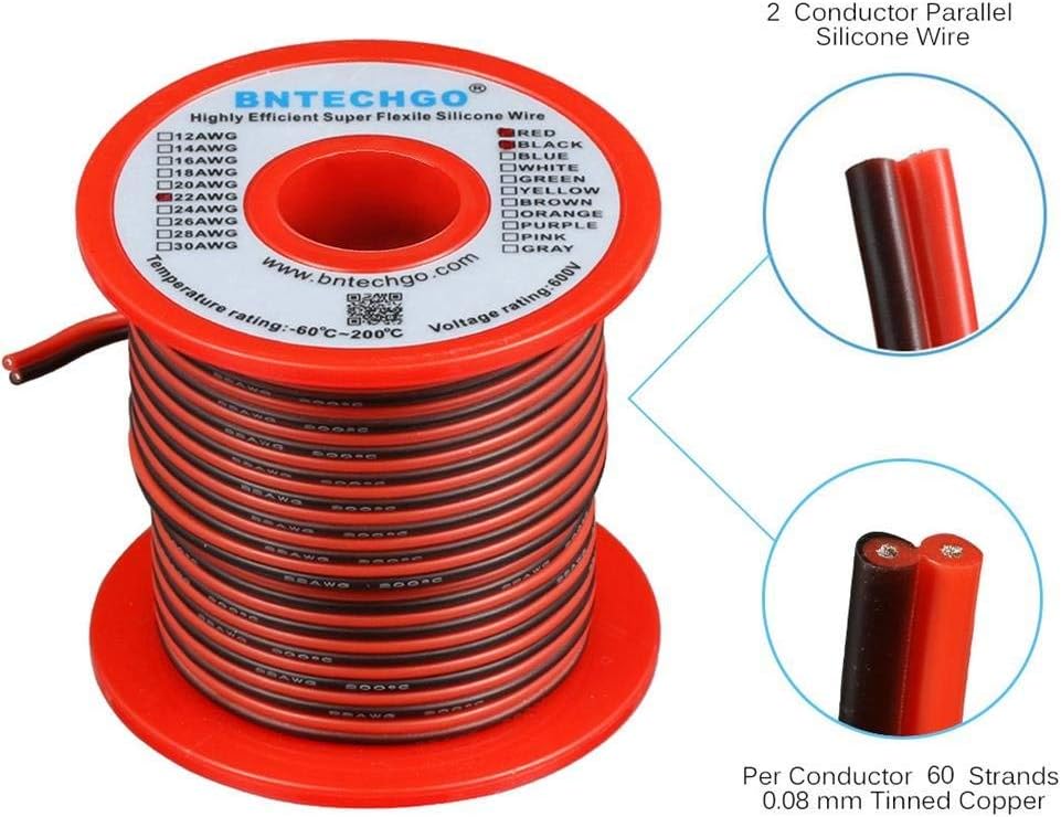 BNTECHGO 22 Gauge Flexible 2 Conductor Parallel Silicone Wire Spool Red Black High Resistant 200 deg C 600V for Single Color LED Strip Extension Cable Cord,Model,50ft Stranded Tinned Copper Wire