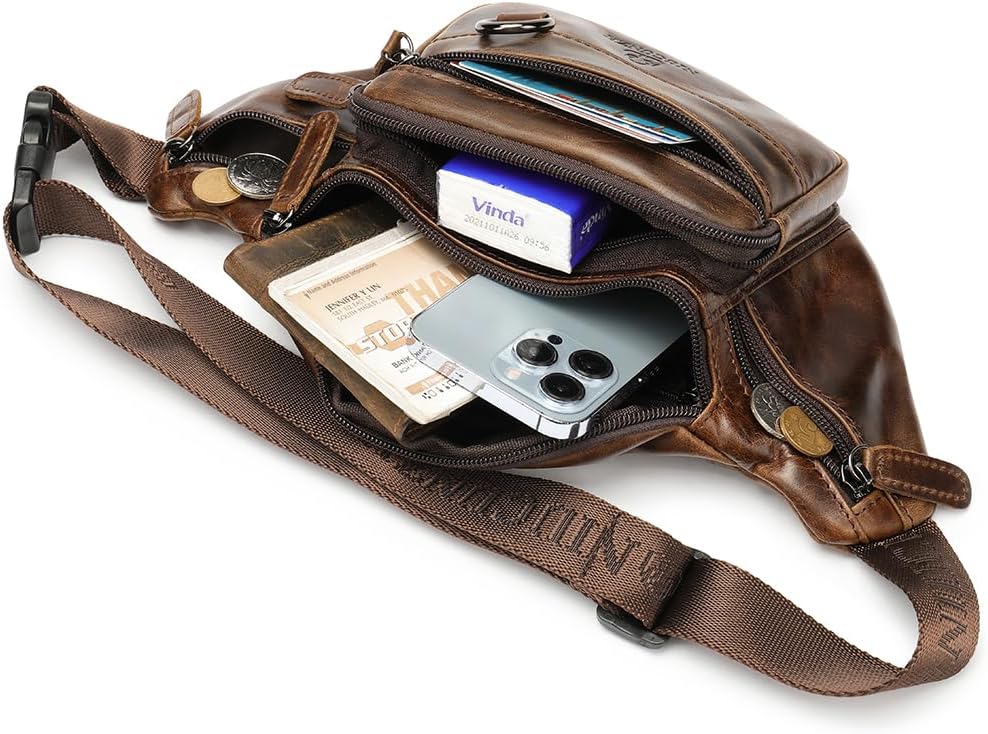 Genuine Leather Fanny Pack HandMade Durable cowhide Waist Bag Lots of Anti-theft zipper pocket
