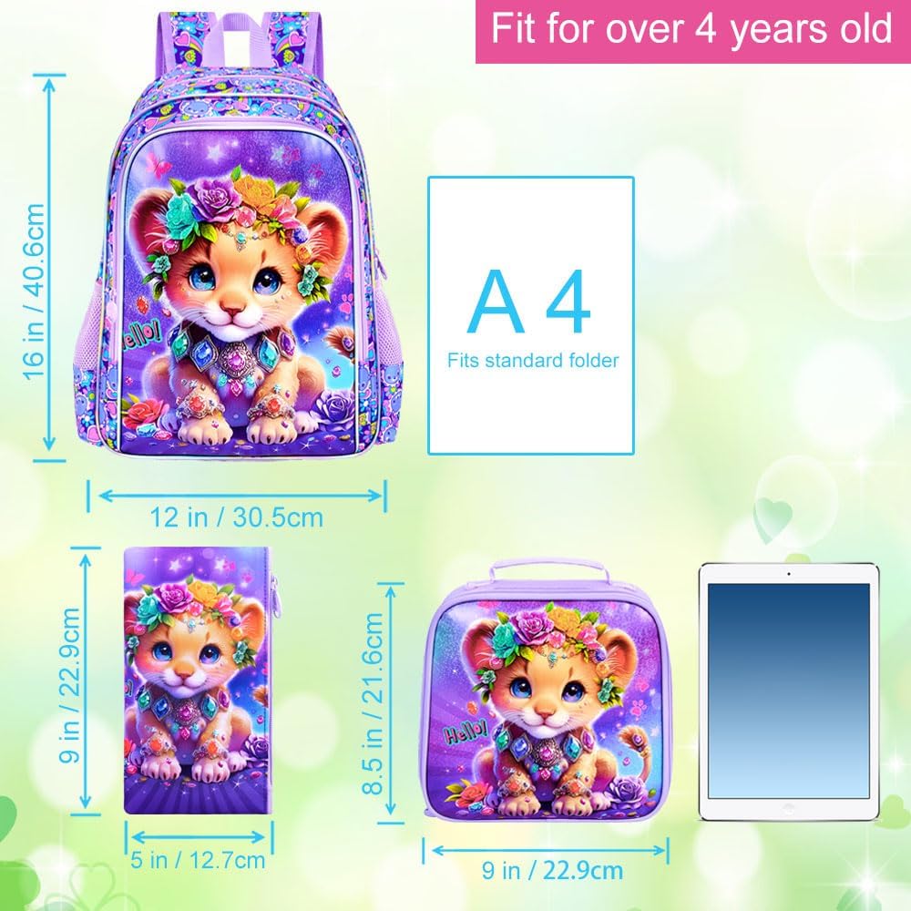 3Pcs Backpack for Girls, 16" Lion Kids Bookbag for Elementary Preschool Kindergarten, School Backpacks with Lunch Box(Purple)