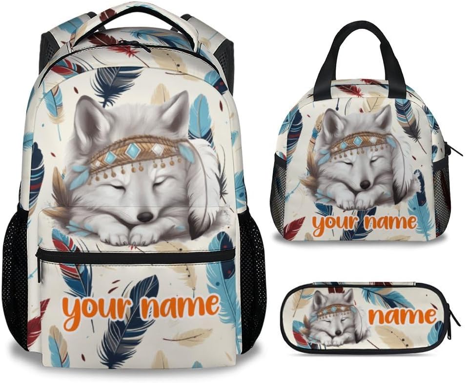 UNIKITTY Custom Kids Backpack - 3PCS School Set for Girls Boys, Cute Wolf Design With Lunch Bag