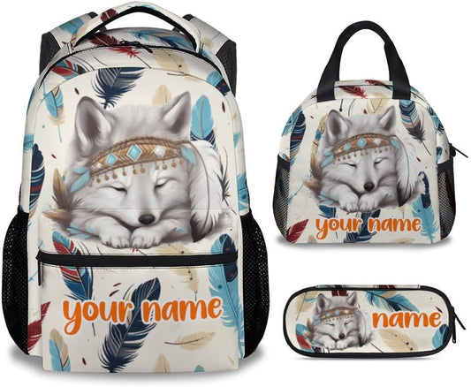 UNIKITTY Custom Kids Backpack - 3PCS School Set for Girls Boys, Cute Wolf Design With Lunch Bag, 17" Durable Large Capacity Elementary Bookbag for Children