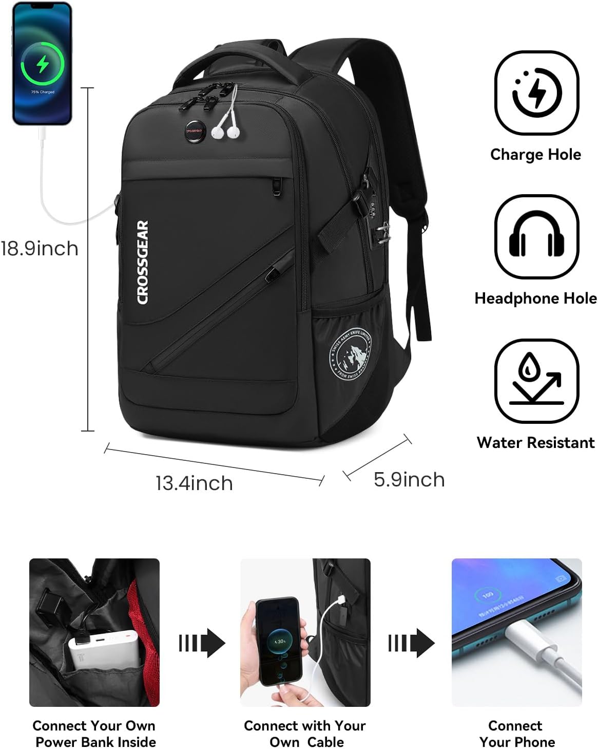 CROSSGEAR Large Travel Backpack Waterproof Laptop Bag Airline Approved Business Office Work Computer Casual Daypacks TSA Lock Anti-Theft Bookbag with USB Port Fit 17.3 inch Laptops for Men Women