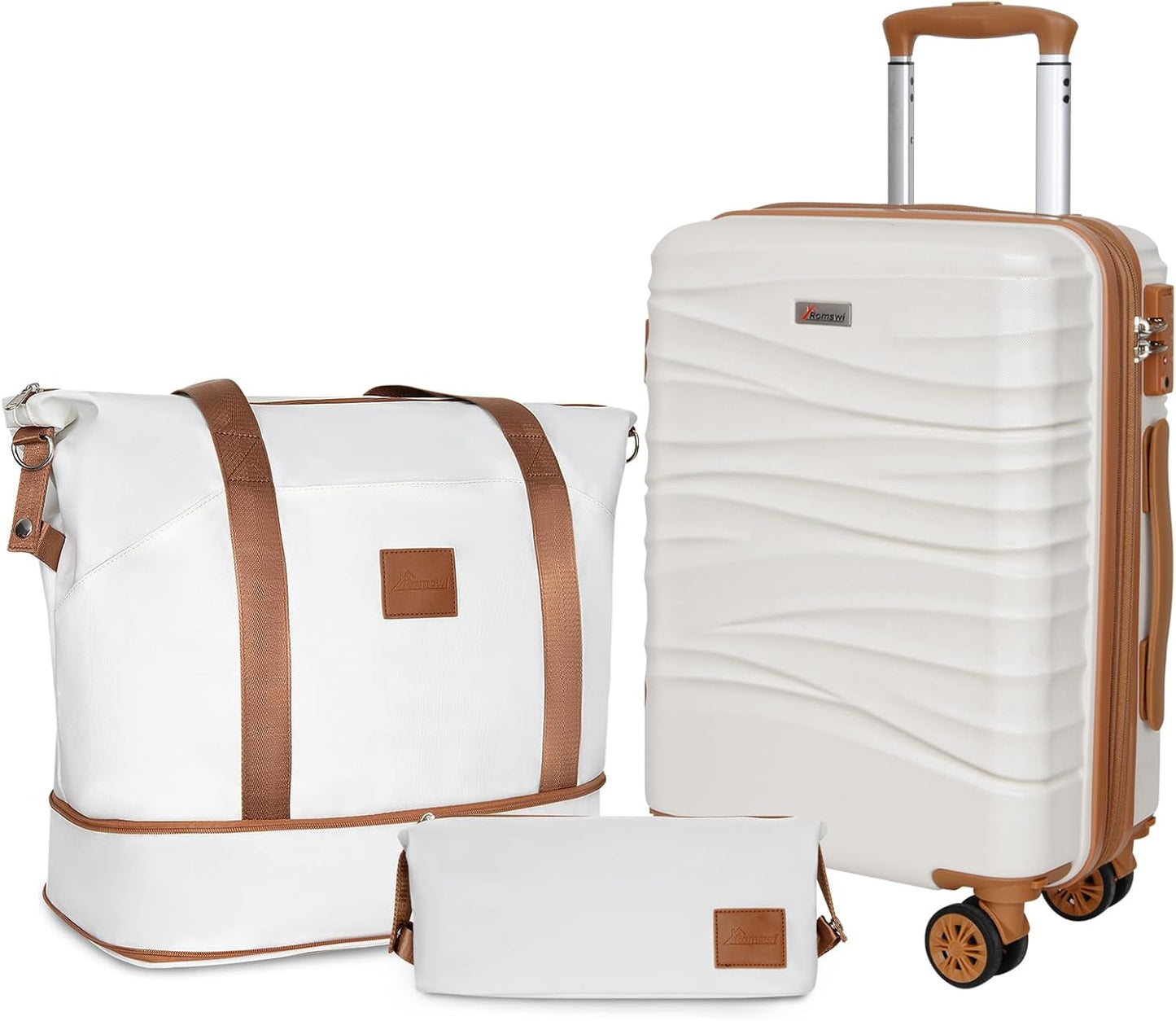 Romswi Luggage Set 3 Piece, Hardside 20 inch Carry On Luggage Airline Approved ABS+PC Suitcase with Duffel Bags, White, Luggage Set (DB/TB/20) with Dual Spinner Wheels TSA Lock for Men and Women