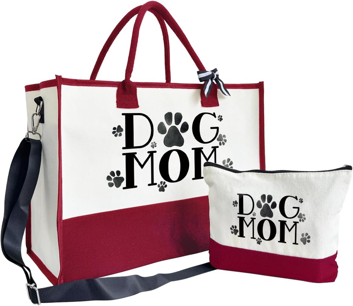 Dog Mom Tote Bag, Canvas Tote Bag for Women, Shoulder Beach Bag, Reusable Travel Beach Tote, Gifts for Dog Lovers and Pet Owners, Durable Everyday Handbag and Shopping Bag A1