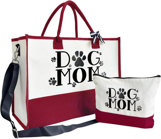 Dog Mom Tote Bag, Canvas Tote Bag for Women, Shoulder Beach Bag, Reusable Travel Beach Tote, Gifts for Dog Lovers and Pet Owners, Durable Everyday Handbag and Shopping Bag A1