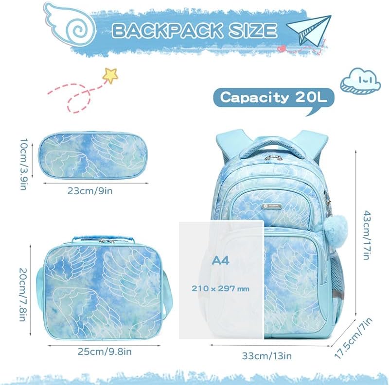 Cusangel Kids school Backpack with lunch bax for Girls,Elementary 6-12years Bookbag nylon large capacity backpack,Daypack