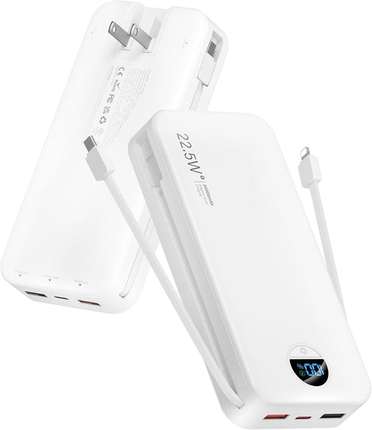 Portable Charger Power Bank, 20000mAh 22.5W Type C Fast Charging with Built-in Cable & Wall Plug, Portable Power Bank with LED Display, Travel Essential for iPhone, iPad, Samsung White