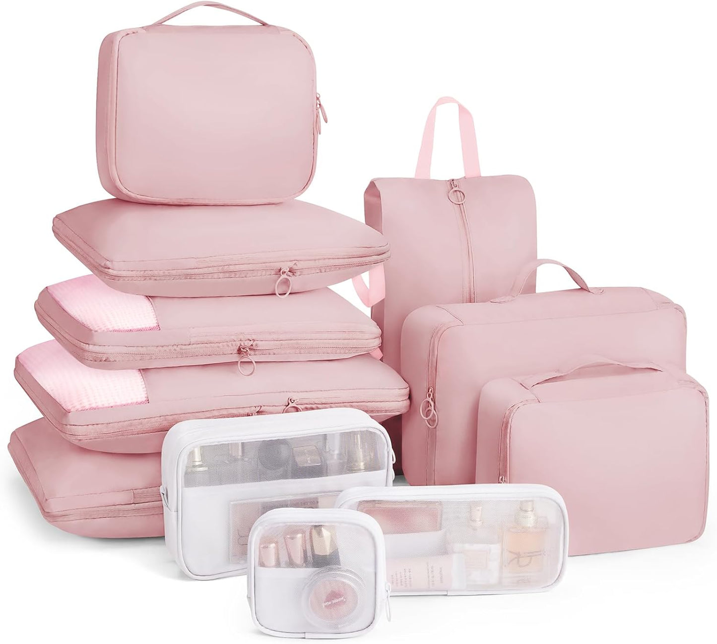 Compression Packing Cubes - 11 Set Suitcase Organizers, Expandable Packing Cubes, Pink Travel Essentials