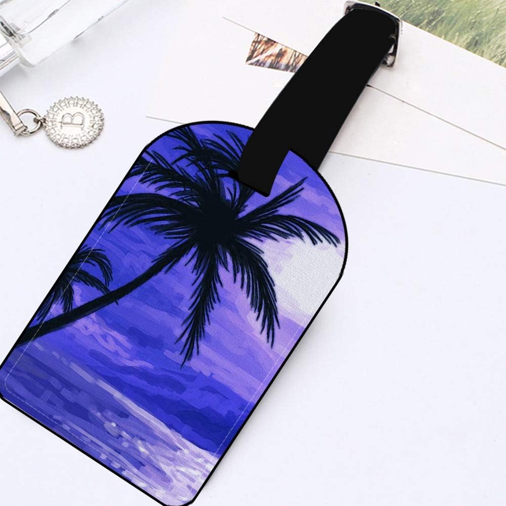 Palm Trees and Sunset Purple-Beach Tropical Ocean Luggage Tags ID Leather Travel Bag Labels Baggage