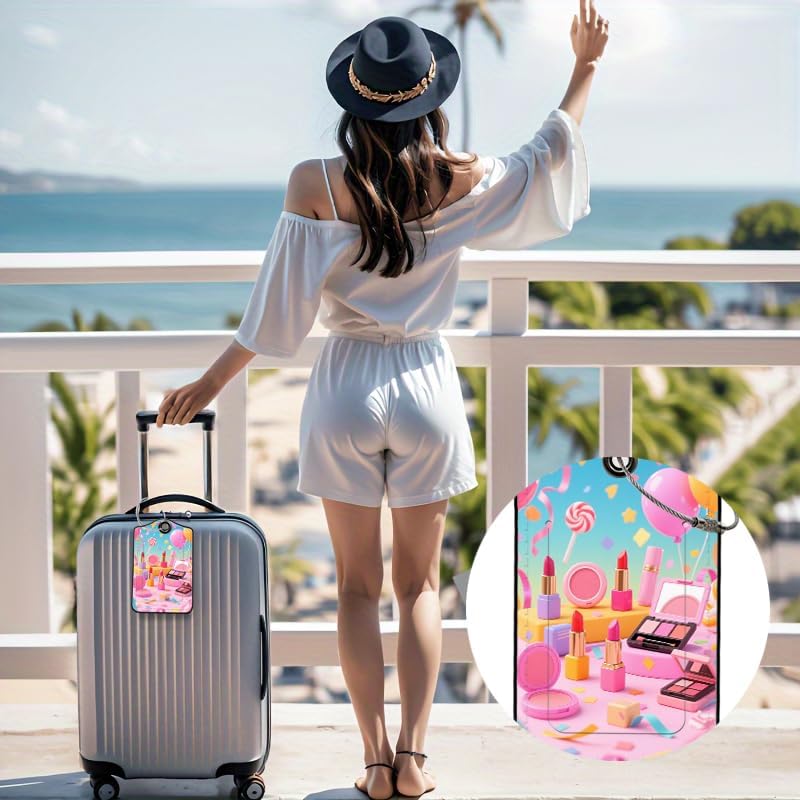 2 Pack Make Up Leather Luggage Tags for Suitcases, Travel Bag Tags with Privacy Cover ID Label with Stainless Steel Loop for Women Men Girls Backpack Gift (Pink Blue)