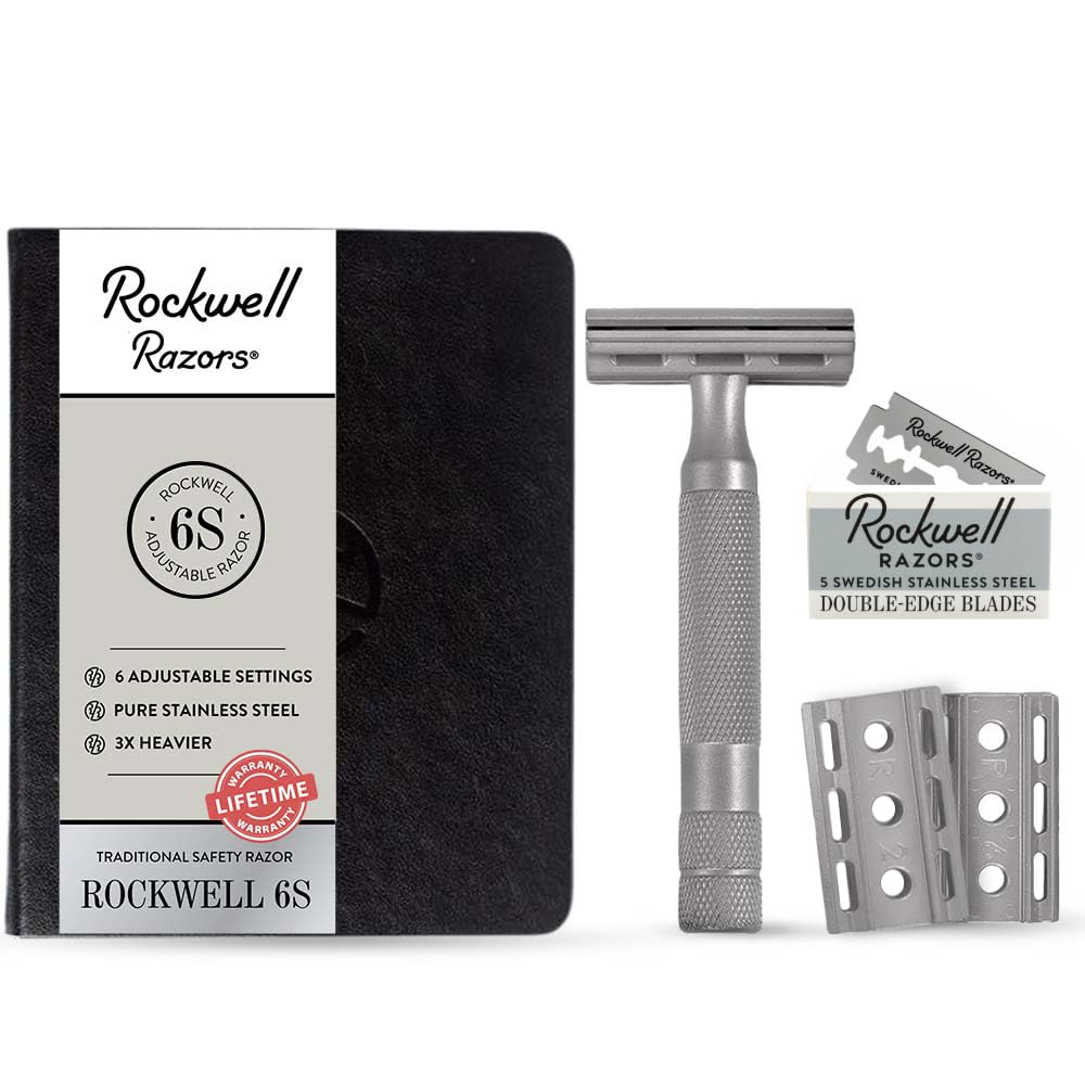 Rockwell Razors 6S Matte Stainless Steel Safety Razor. Adjustable Single Blade Razor With 6 Shave Settings and 5 Recyclable Blades. Custom Shaves For Men and Women. Reduces Razor Burn and Irritation.