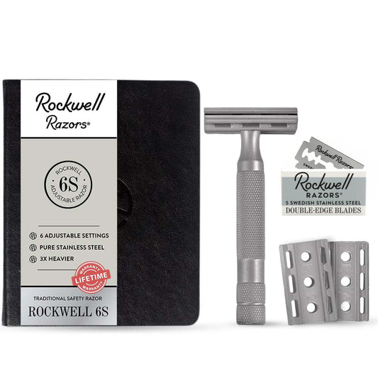 Rockwell Razors 6S Matte Stainless Steel Safety Razor. Adjustable Single Blade Razor With 6 Shave Settings and 5 Recyclable Blades. Custom Shaves For Men and Women. Reduces Razor Burn and Irritation.