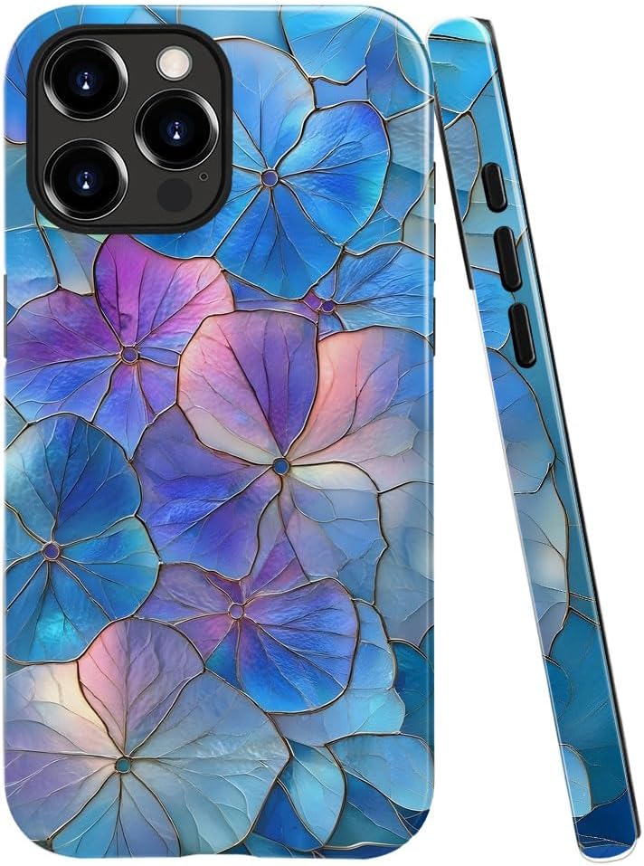 Case for iPhone 11 Pro - Slim Fit Anti-Scratch Phone Case for Girl Women - Blue Hydrangea Floral Stained Glass Aesthetic (Glossy)