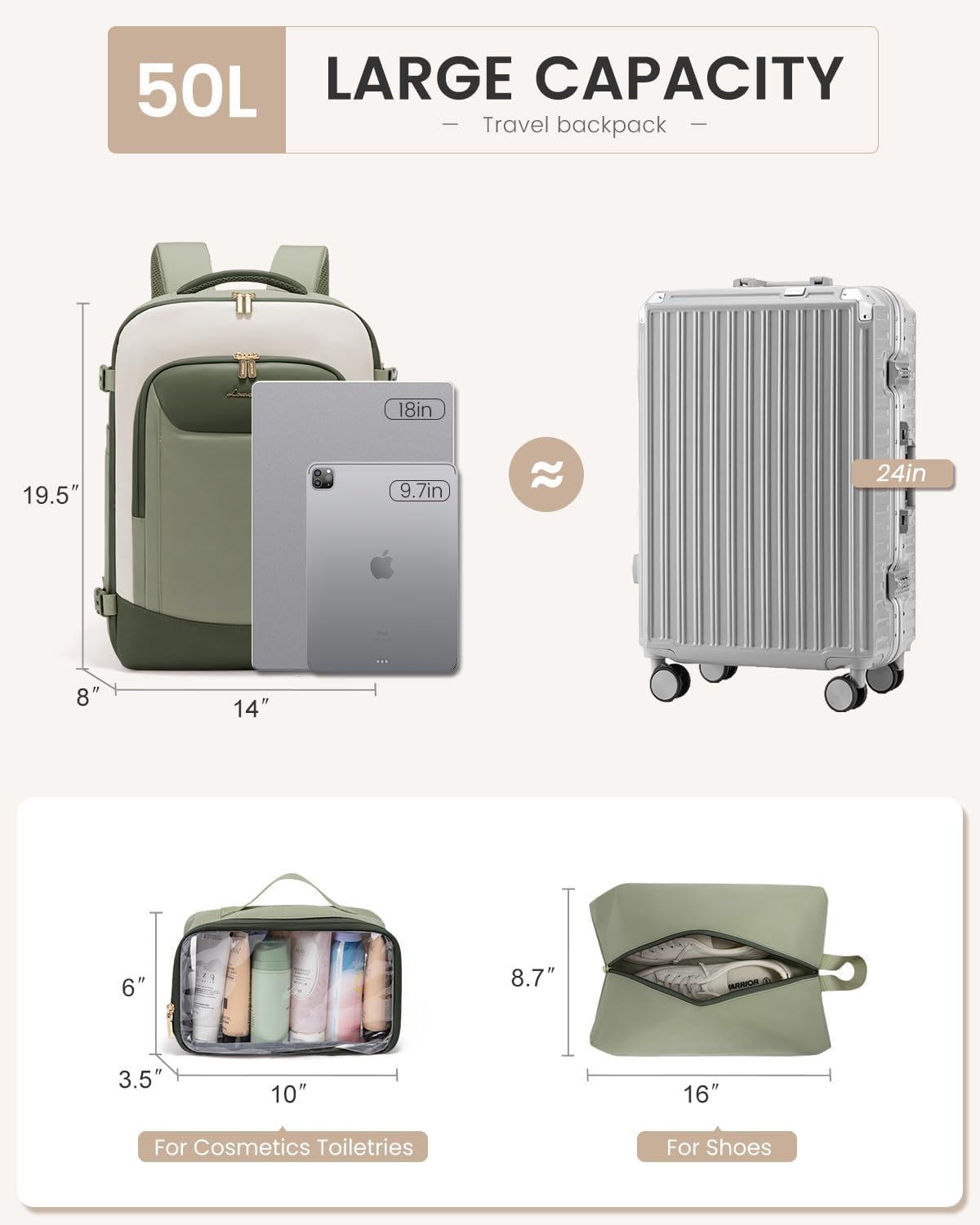 LOVEVOOK 50L Travel Backpack for Women Men, Large Carry on Backpack for Airplanes TSA Personal Item