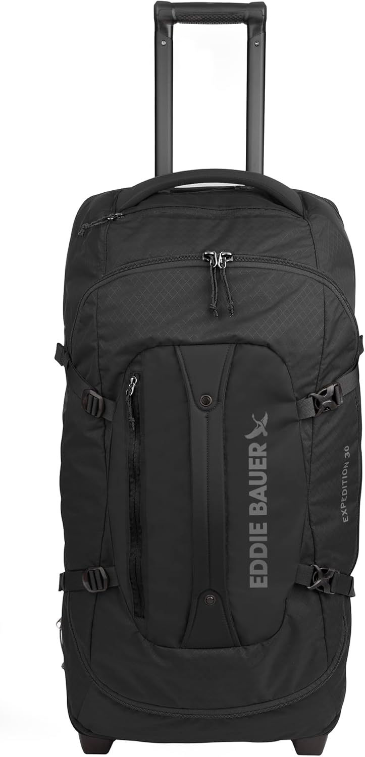 Eddie Bauer Expedition Rolling Duffel Bag with Wheels | Travel | Check-In | Luggage | Rugged | Durable - Black, 30"