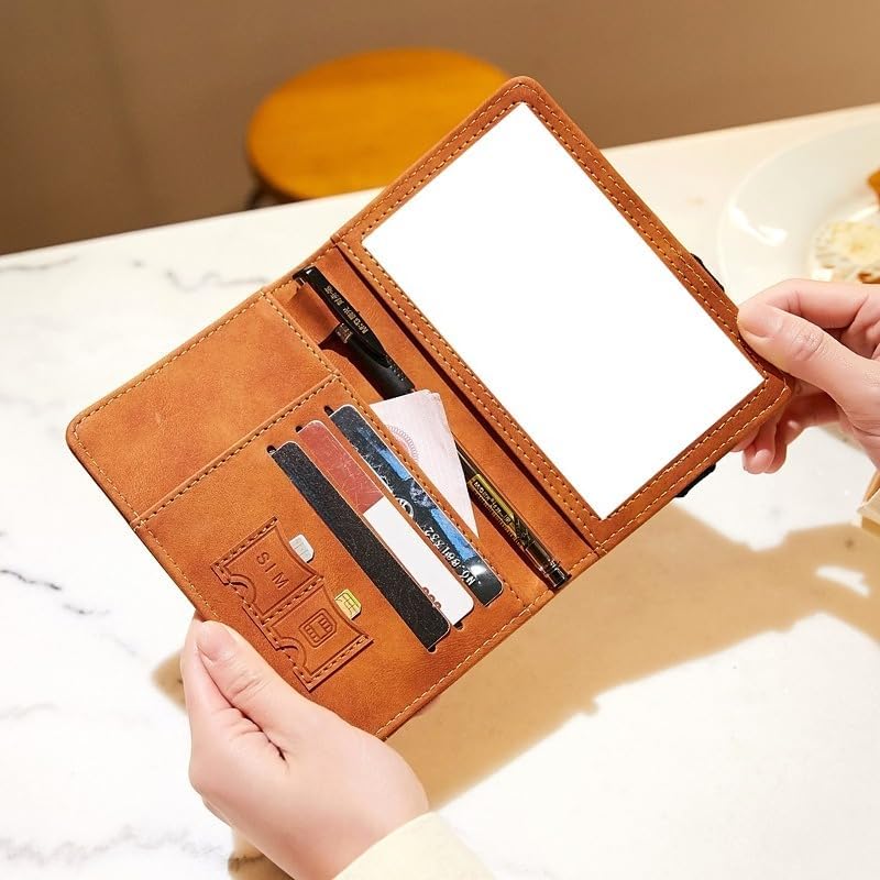 Unisex genuine leather wallet RFID shielding travel passport holder with card slots and pen holder (Brown)