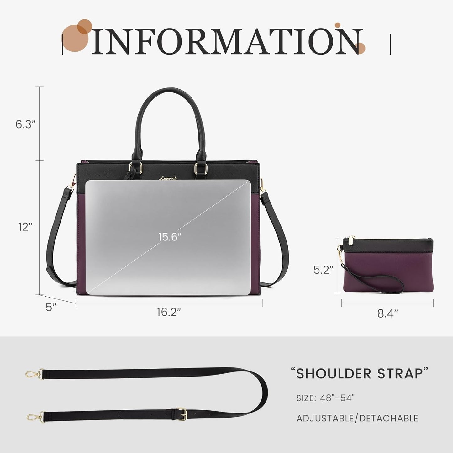 LOVEVOOK Laptop Bag for Women, 15.6 inch Laptop Tote Work Bag Purse, Large Waterproof Leather Computer Briefcase for Office, Purple-Black
