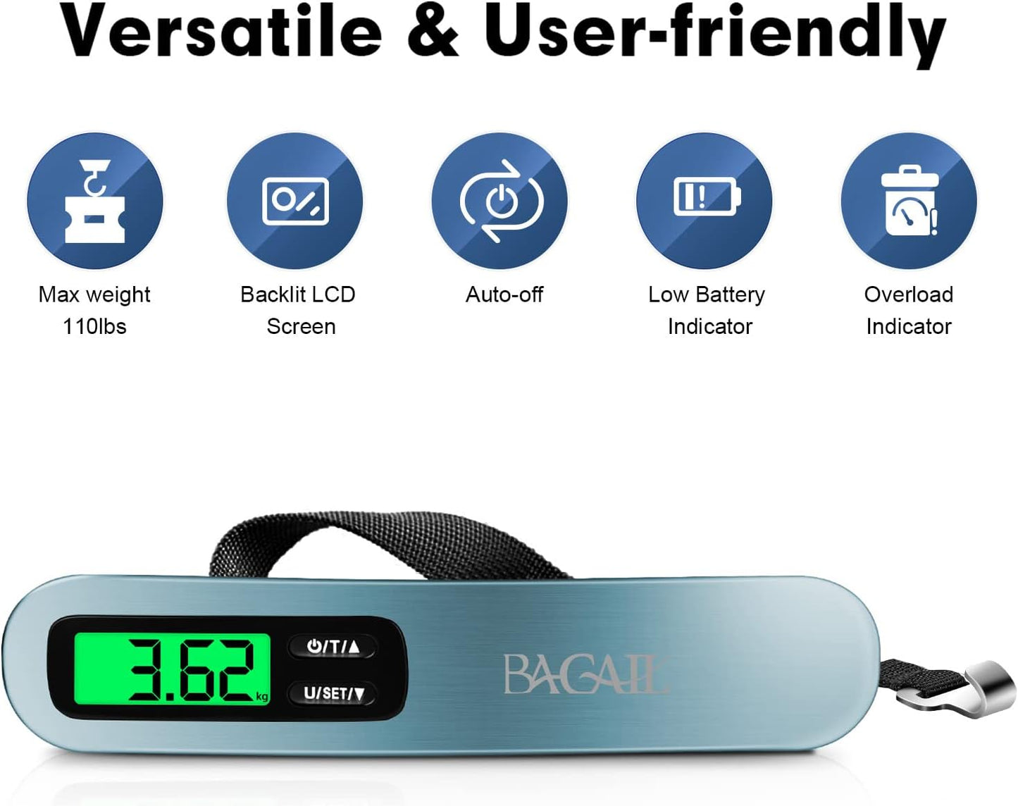 BAGAIL Digital Luggage Scale, 110lbs Hanging Baggage Scale with Backlit LCD Display, Portable Suitcase Weighing Scale, Travel Luggage Weight Scale with Hook, Strong Straps for Travelers