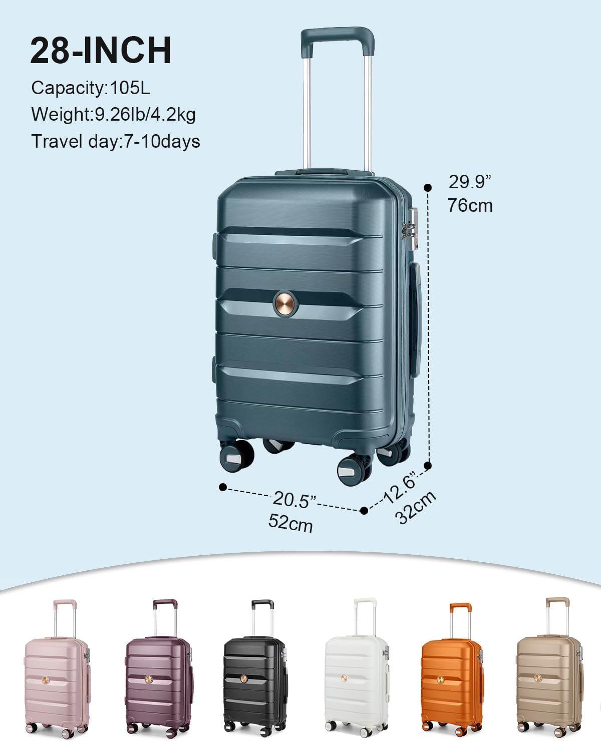 Somago 28 Inch Luggage With Spinner Wheels Hard Shell Polypropylene Suitcase with TSA Lock and YKK Zipper,Ice Blue