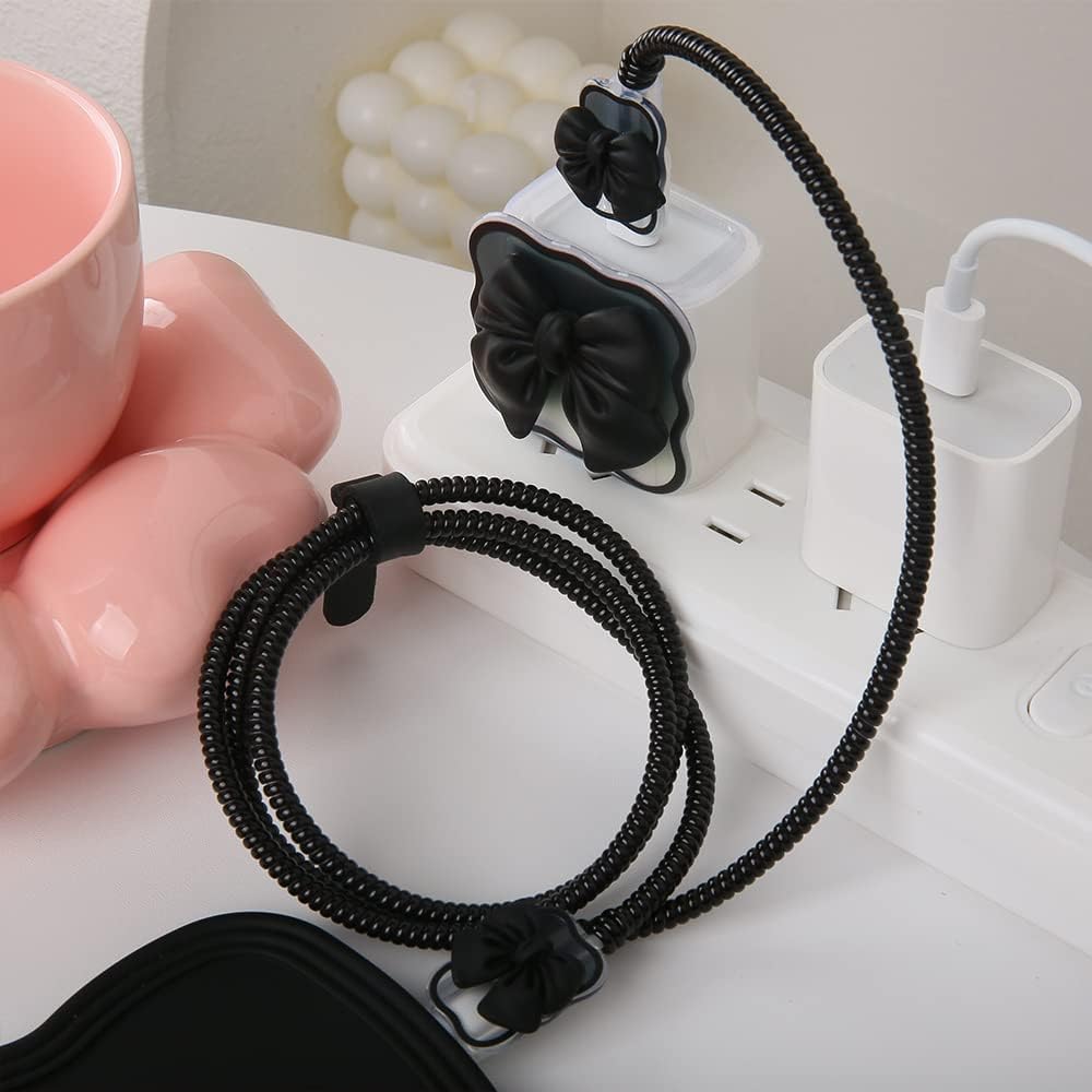 Compatible with iPhone 18W/20W USB-C Charger Cover Cute 3D Bow Tie Design Clear Soft Charger Protector Kawaii Cable Saver for iPhone 11 12 13 14 Pro Max Fast Power Adapter, Black 2 (5in1)