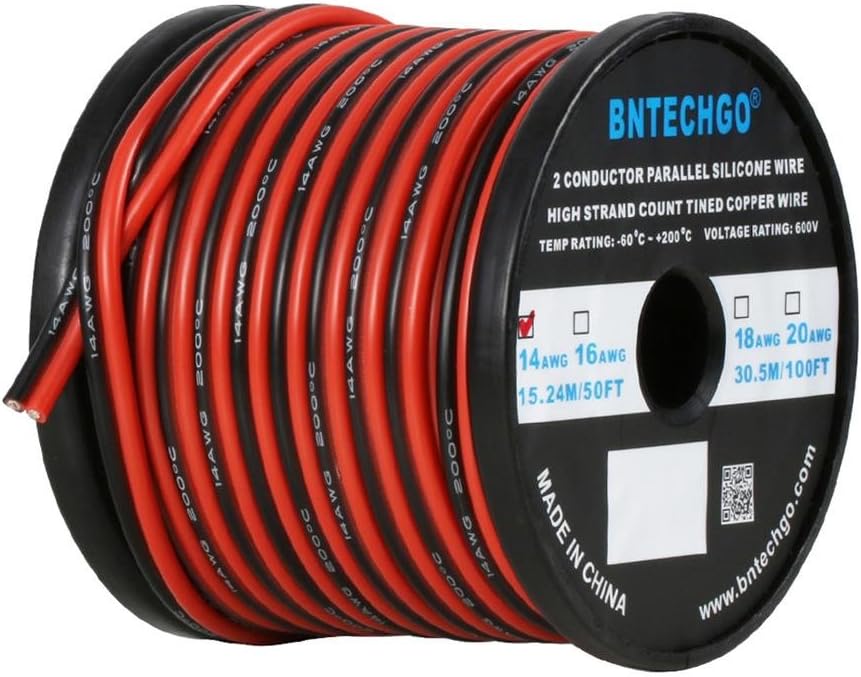 BNTECHGO 14 Gauge Flexible 2 Conductor Parallel Silicone Wire Spool Red Black High Resistant 200 deg C 600V for Single Color LED Strip Extension Cable Cord,Model,50ft Stranded Tinned Copper Wire