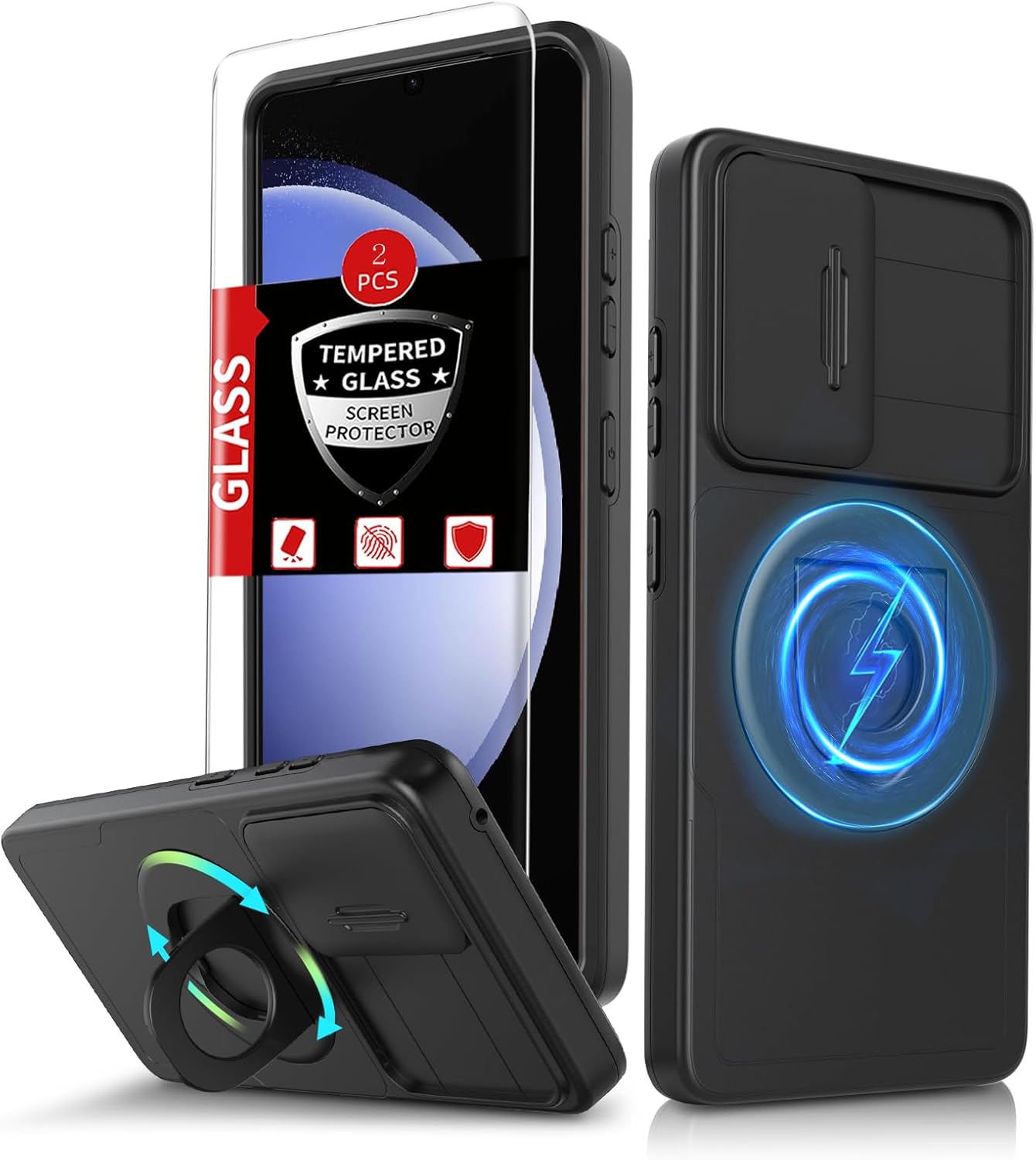 for Samsung Galaxy S23 FE Case Magnetic Compatible with MagSafe Wireless Charging,with 2 Screen Protectors,Built-in Stand Ring+Camera Cover Anti-Scratch Shockproof Heavy Duty Protection Black