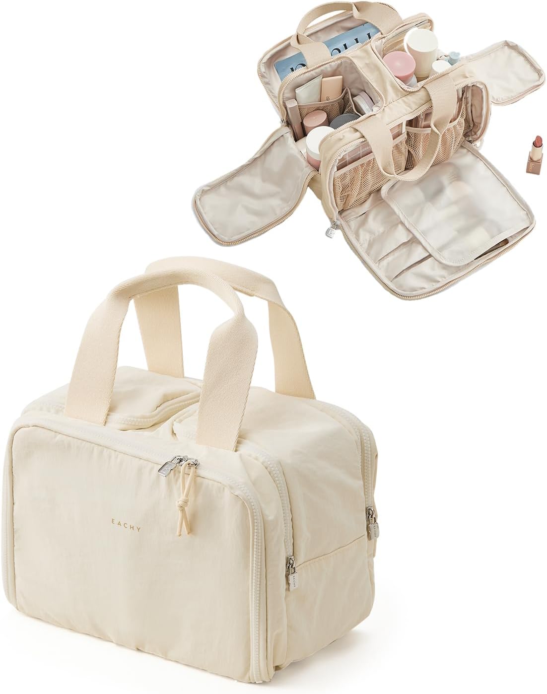 EACHY Travel Toiletry Bag, Puffy Cosmetic Makeup Organizer with Handle, Lightweight Large Wide-Open Travel Bags for Women, Essentials Accessories Toiletries (Beige)