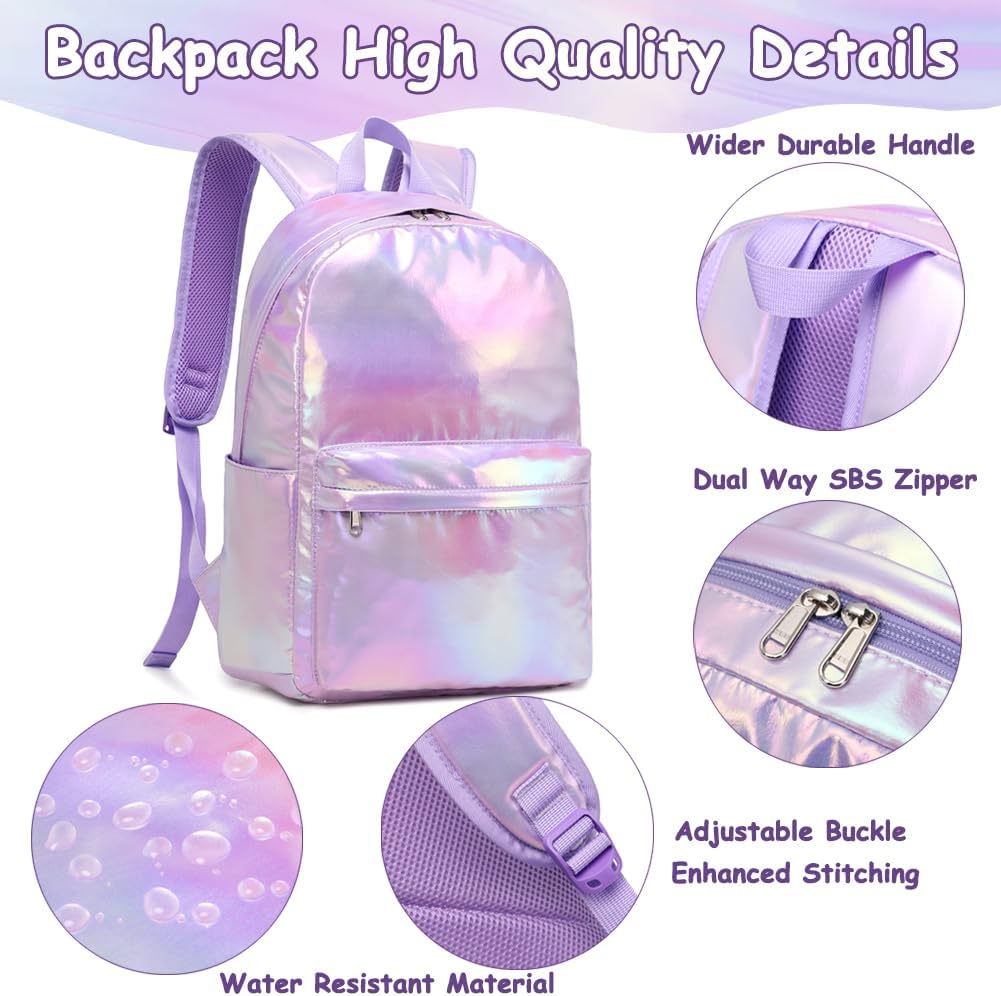 School Backpack for Girls Metallic Purple Girl Backpacks for Kids Elementary Middle School College Teen Girls Casual Daypack Water Resistant