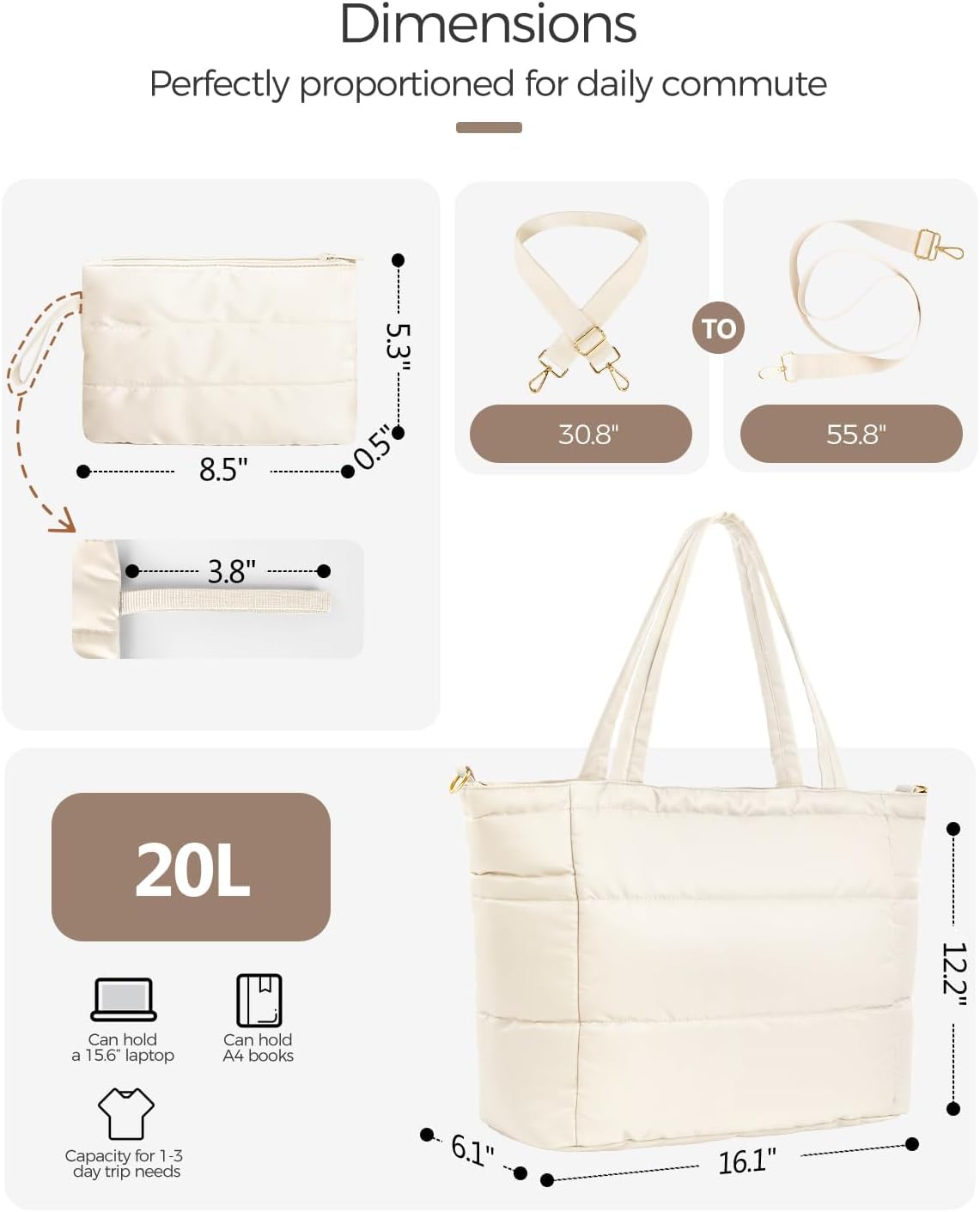 Puffer Tote Bag for Women, Lightweight Quilted Work Purse with Phone Pocket Fits 15.6" Laptop for Nurse Teacher Travel
