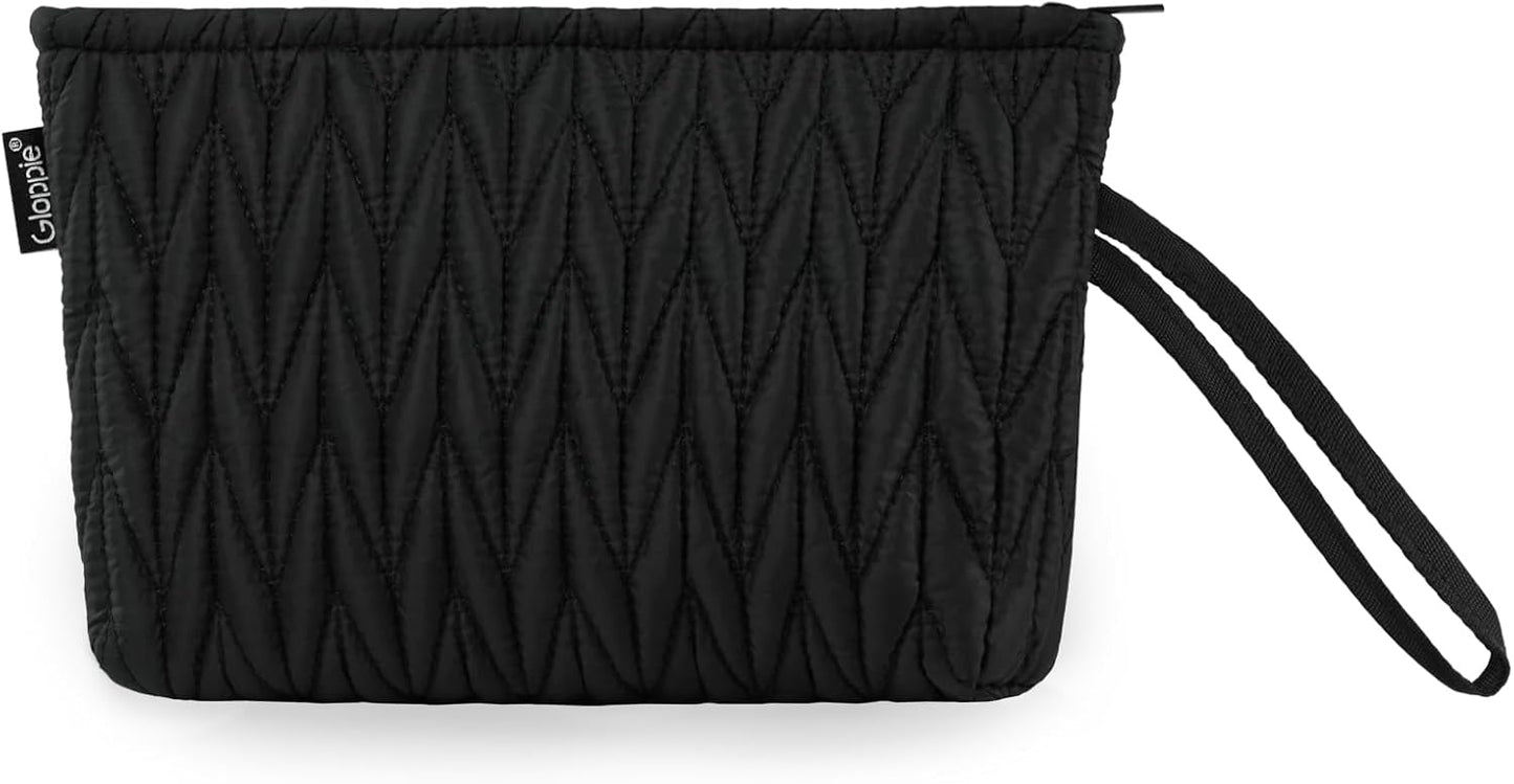 Gloppie Small Makeup Bag for Purse Portable Cosmetic Bag Puffy Padded Makeup Pouch Wristlet Pouch for Women Black