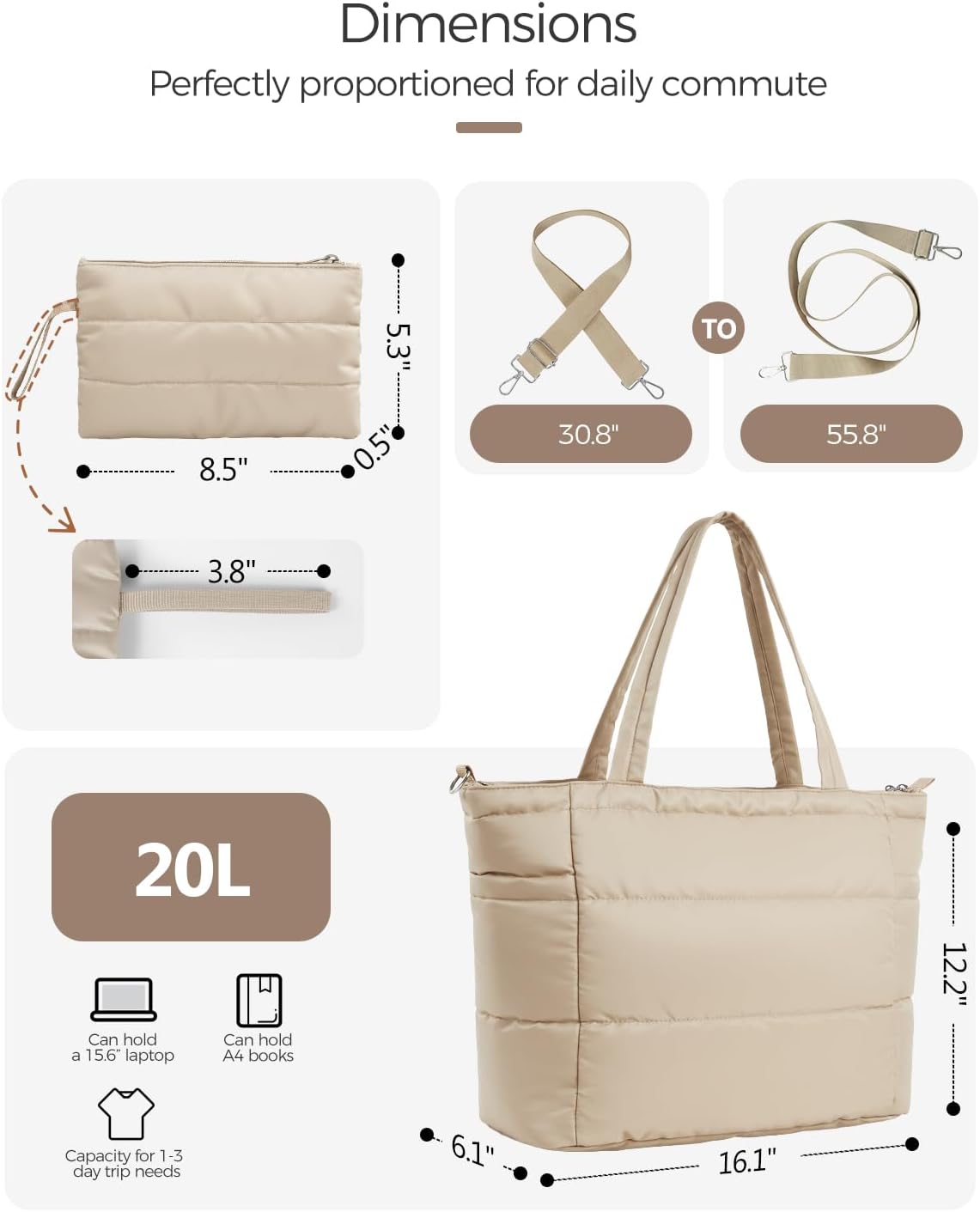 Puffer Tote Bag for Women, Lightweight Quilted Work Purse with Phone Pocket Fits 15.6" Laptop for Nurse Teacher Travel