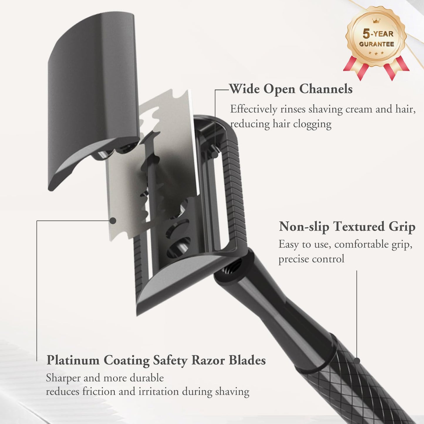 Gun Black Safety Razor - Single Blade Razors for Men - Reusable Metal Razor, with 5 Stainless Steel Double Edge Blades, Smooth Close Shave, Sustainable, Plastic Free