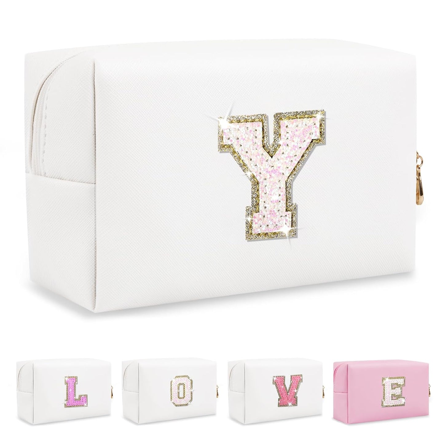 Small Initial Patch Makeup Bag Personalized Gifts Make Up Bag,White Cute PU Leather Glitter Letter Cosmetic Bag with Zipper,Trendy Portable Travel Toiletry Pouch,Preppy Stuff for Teen Girls Women Y