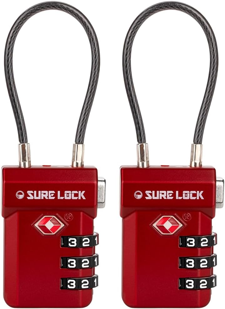 SURE LOCK TSA Approved 3-Digit Combination Luggage Locks – Open Alert Indicator, Re-settable Code with Zinc Alloy Body, Easy-Read Dials for Suitcase, Backpack, Gym Locker & Toolbox (Multiple Colors)