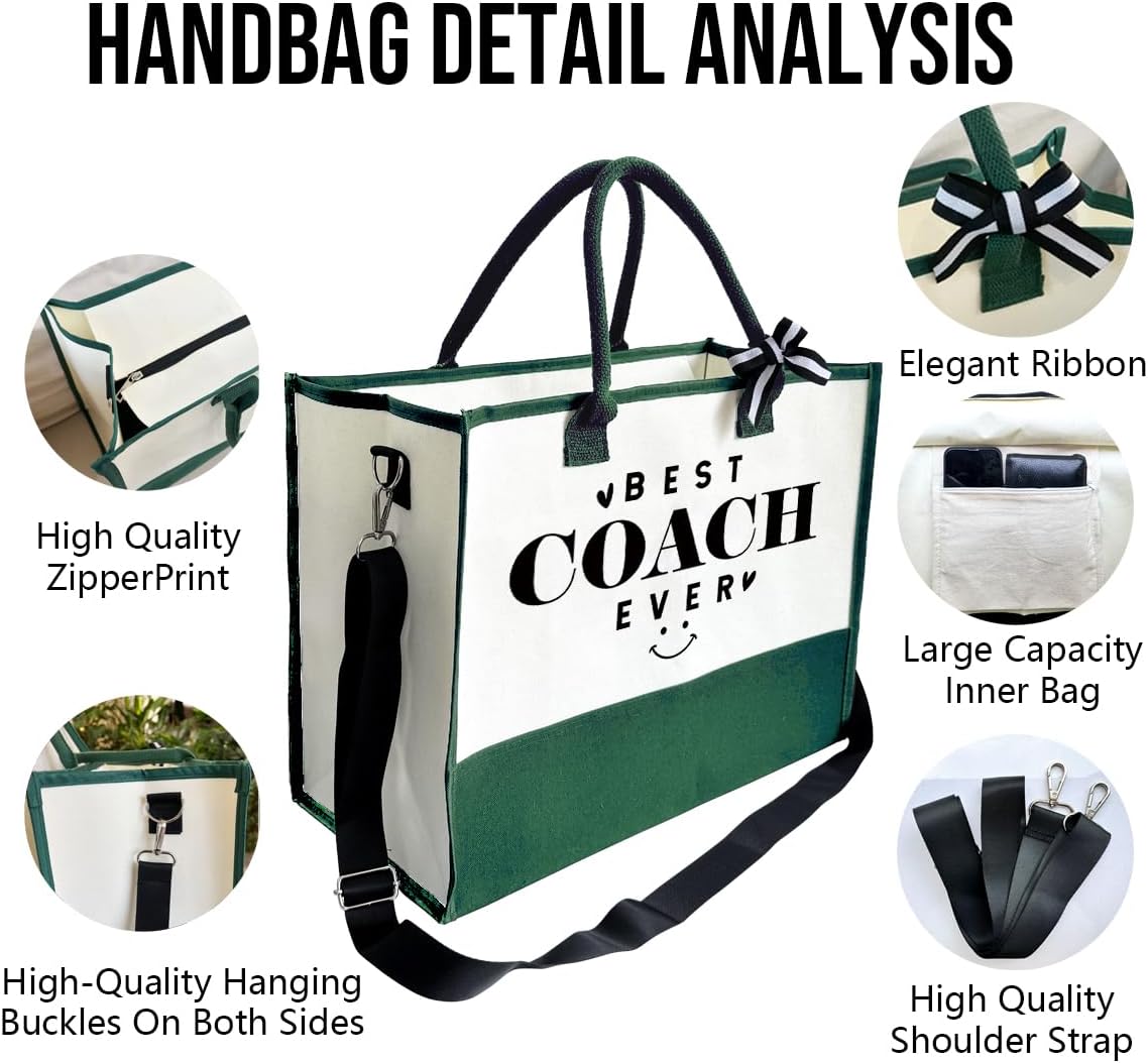 SUSZDOU Gifts for Best Coach Ever - Canvas Beach Tote Bag with Matching Makeup Pouch, Durable Travel Gym Camping Bag, Thank You Gift for Sports Coach, Female Trainers Gifts for Women B1