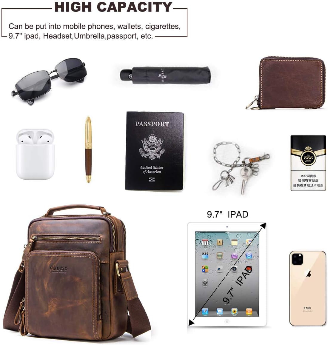 Hiram Men's Crazy Horse Cow Leather Messenger Bag, Crossbody Bag for Men, 25.5 cm x 21.5 cm x 10.0 cm, Coffee